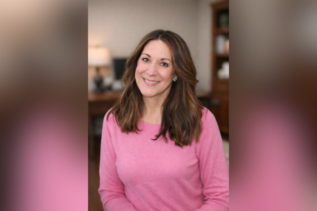 Michele smiling in a pink sweater during a professional indoor portrait representing holistic wellness, body confidence, and compassionate women’s health coaching at Sanara Wellness.