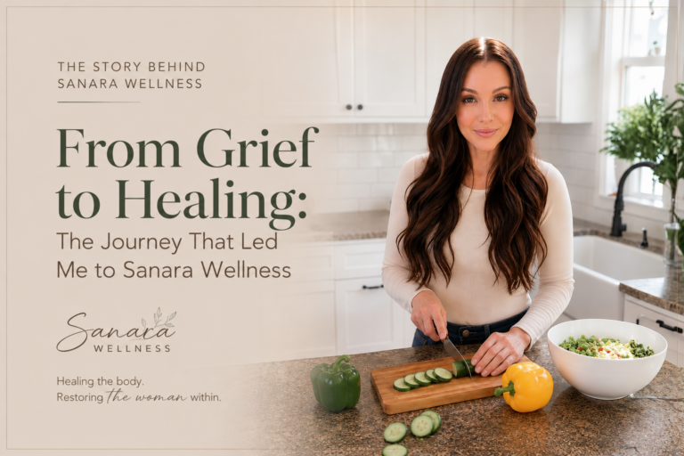 Malory Jimenez of Sanara Wellness preparing healthy food in her kitchen for the blog "From Grief to Healing: The Journey That Led Me to Sanara Wellness" about her personal healing journey and holistic wellness coaching.