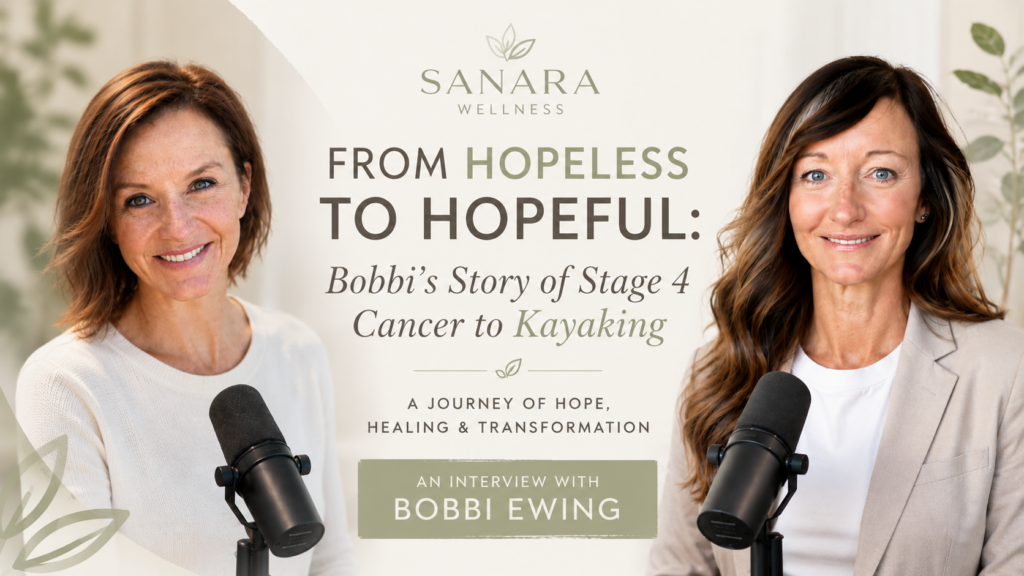 Promotional interview thumbnail featuring wellness coach Tieva and cancer survivor Bobbi Ewing with microphones. The image highlights Bobbi's journey from Stage 4 cancer, chronic inflammation, and severe fatigue to renewed hope, improved health, and kayaking again.
