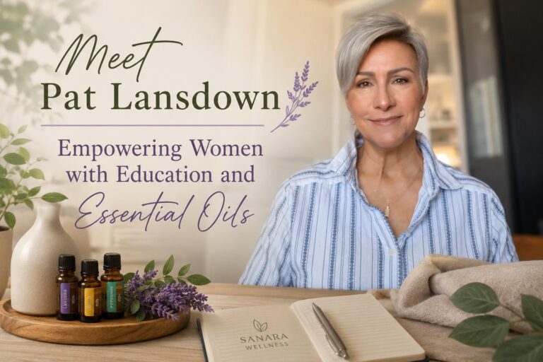 Portrait of Pat Lansdown, Holistic Health Coach and Aromatherapy Specialist, featured in a Sanara Wellness blog post about empowering women through education and essential oils. Essential oil bottles, lavender, and wellness-inspired décor surround the image.