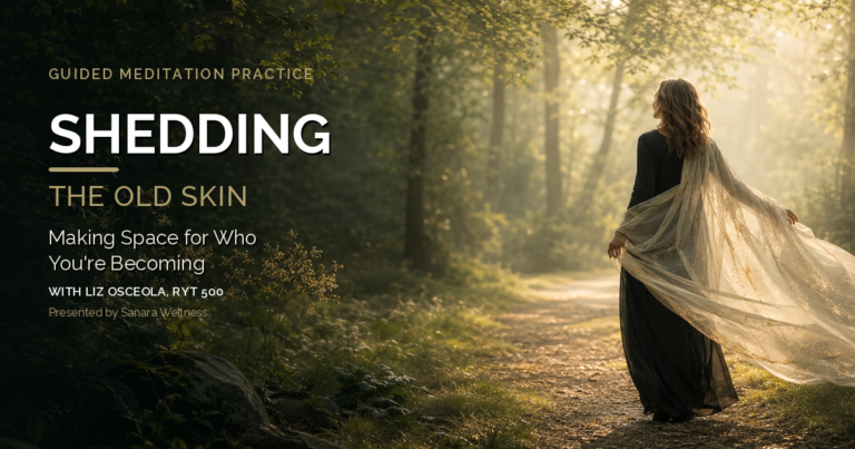 Woman walking toward golden light on a peaceful forest path, symbolizing the release of old roles and expectations.