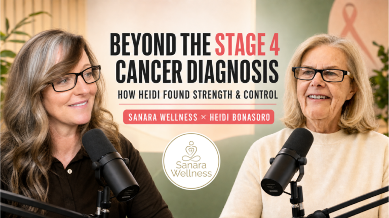 Tieva of Sanara Wellness looks toward Heidi Bonasoro as they speak into microphones about finding strength and control after a stage 4 cancer diagnosis.