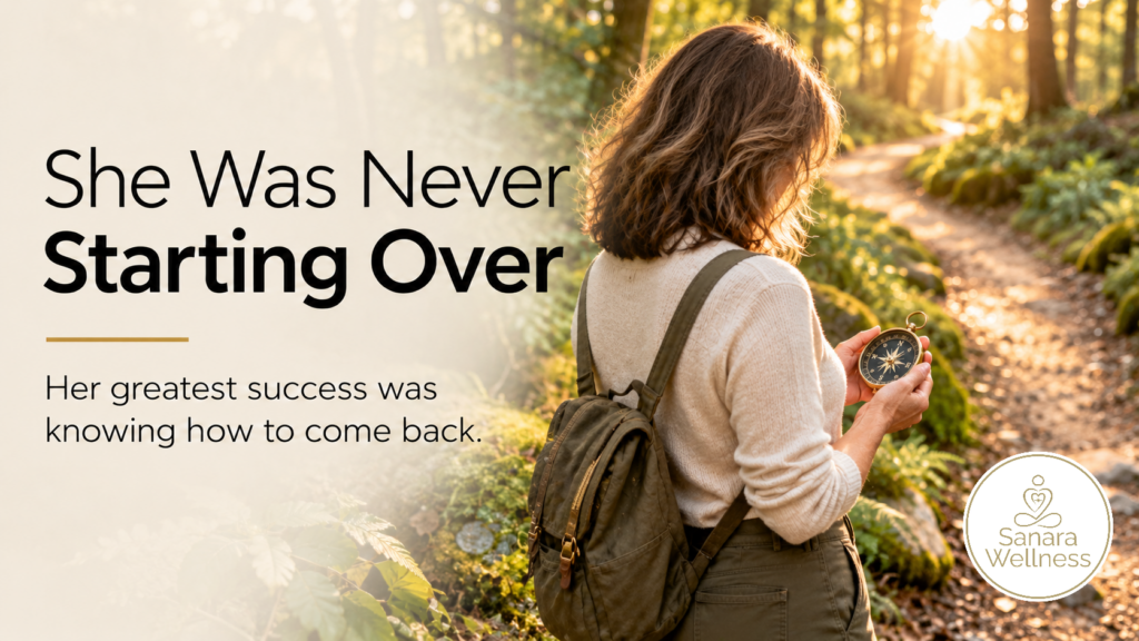 Woman holding a compass beside a winding woodland path, symbolizing finding her way back after a difficult season.