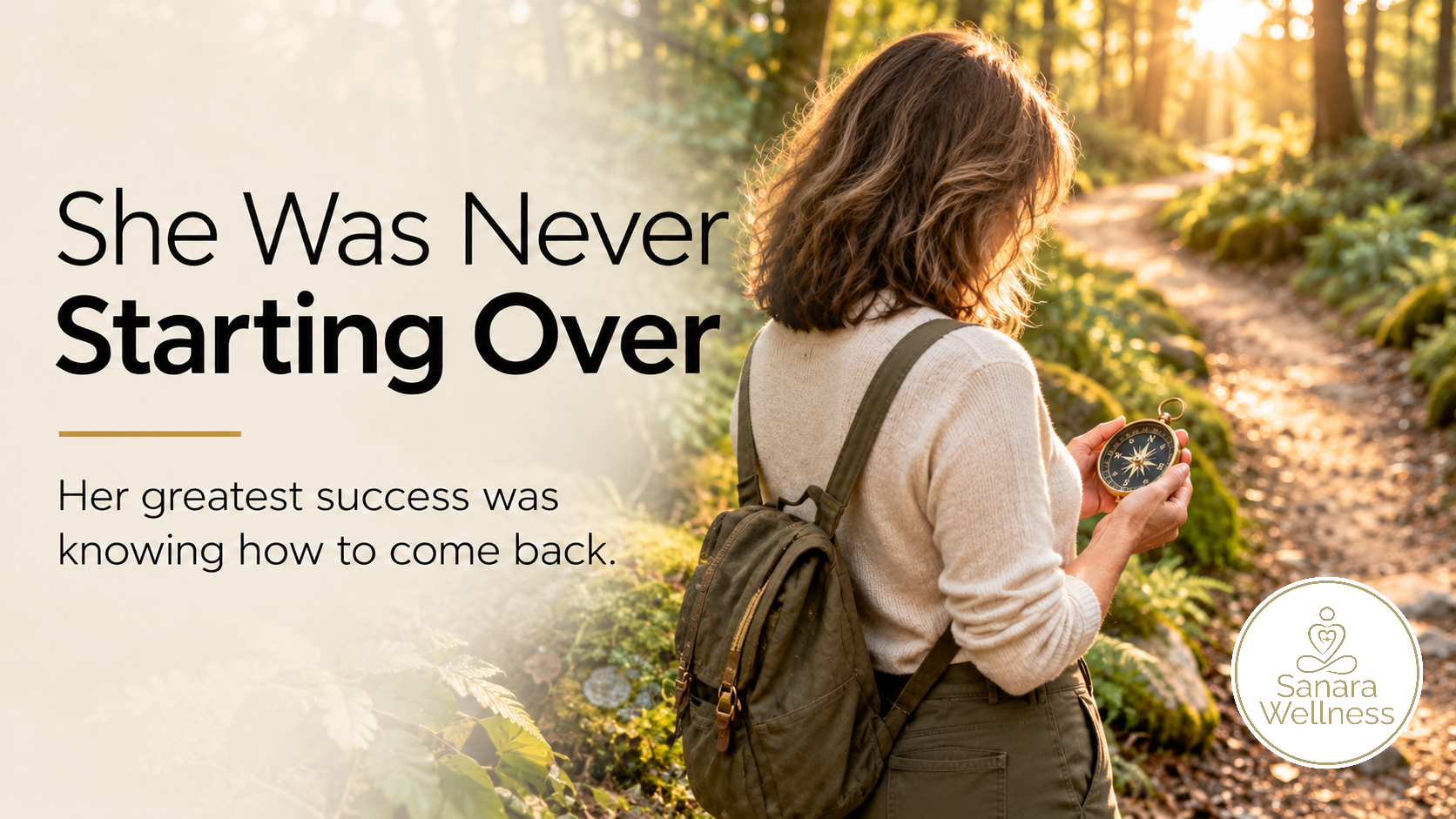 Woman holding a compass beside a winding woodland path, symbolizing finding her way back after a difficult season.