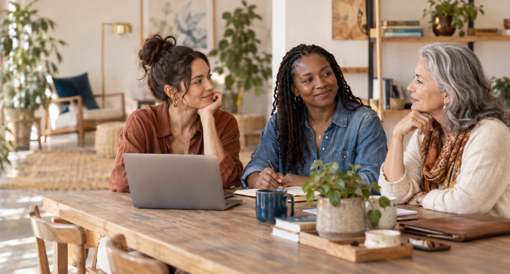 Three women discussing career wellness around a table with a laptop