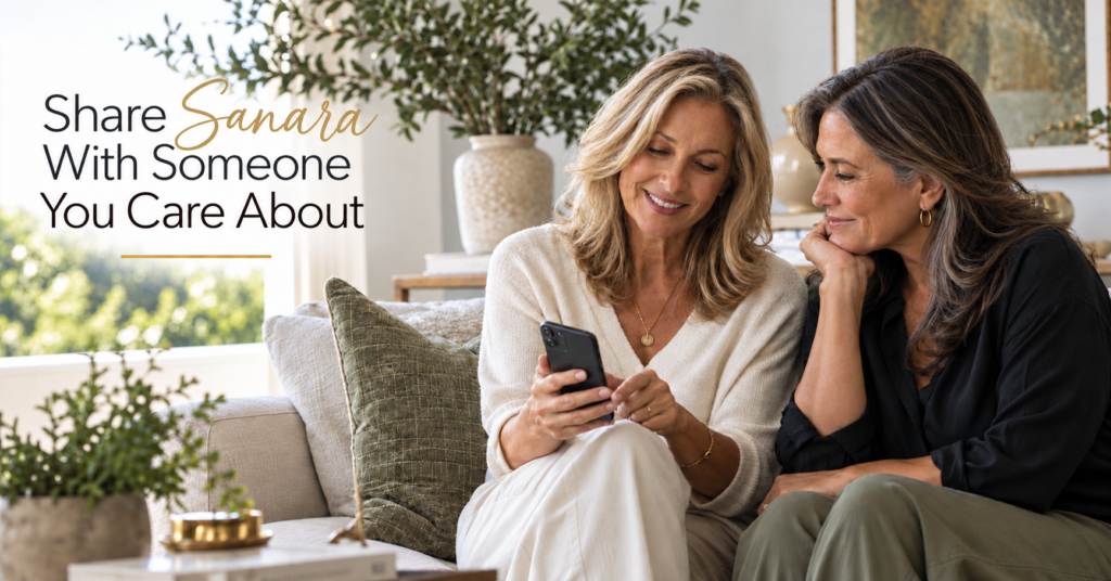 Two women looking at a smartphone beside the words Share Sanara With Someone You Care About. 